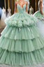 Green v neck tulle long prom gown, green tulle sweet 16 dress