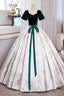 Green Velvet Floor-Length Printing Prom Dress A-Line Short Sleeve Prom Dress