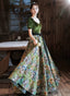 Green Velvet Floral Short Sleeves Long Prom Dress, Green Sweetheart Prom Dress