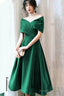 Green Velvet Off Shoulder Tea Length Party Dresses, Green Bridesmaid Dresses Formal Dresses