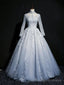 Grey A Line Long Sleeves with Lace Prom Gowns, Sweet 16 Dress