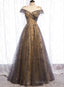Grey A Line Tulle and Lace Long Prom Dress, Round Neckline Prom Dress