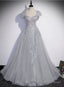 Grey A Line Tulle Short Sleeves Long Formal Dress, Grey Tulle Lace Prom Dress