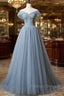 Grey-Blue Tulle Off Shoulder Beaded Long Prom Dress Party Dress, Long Evening Gowns