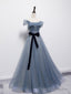 Grey-Blue Tulle Off Shoulder Long Prom Dress with Bow, A Line Floor Length Prom Dress