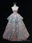 Grey Flowers Round Neckline Tulle with Lace Prom Dress, Grey Sweet 16 Dress