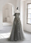Grey Off Shoulder Tulle with Lace Applique Long Prom Dress,Grey Prom Dress