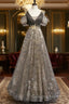 Grey Purple V-Neckline Tulle With Lace Prom Dresses Off Shoulder A-Line Prom Dresses
