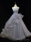 Grey Tulle Straps Layers Long Prom Dress, Grey Ball Gowns Formal Dress