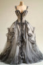 Grey V-Neck Lace Tulle Long Ball Gowns Vintage Prom Dresses