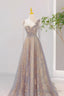 Grey V Neck Sequins Long Formal Dress, Grey Tulle Prom Dress