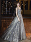 Grey V-Neckline Tulle Beaded Waist Long Prom Dresses A-Line Grey Prom Dresses