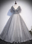 Grey V Neckline Tulle Low Back Long Prom Dress, Grey Formal Dress Prom Dress
