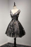 V Neck Short Black Lace Homecoming Prom Dresses, Short Party Prom Dresses