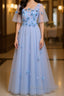 Half Sleeves Round Neck Blue Floral Long Prom Dresses, Blue Long Formal Evening Dresses with Flower
