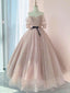 Half Sleeves Shiny Pink Prom Dresses, Shiny Pink Long Formal Prom Dresses