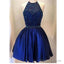 Halter Backless Royal Blue Beaded Homecoming Dress