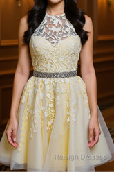 Halter Neck Backless Short Yellow Lace Prom Dress, Yellow Lace Formal Graduation Homecoming Dress