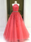 Halter Neck Coral Lace Tulle Long Prom Dresses, Halter Neck Coral Lace Formal Prom Dresses
