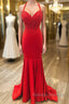 Halter Neck Mermaid Backless Red Lace Long Prom Dresses, Mermaid Red Formal Dresses, Red Lace Evening Dresses