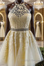 Halter Neck Short Yellow Lace Prom Dressses, Backless Short Yellow Lace Formal Homecoming Dresses