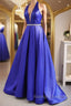 Halter V Neck Backless Blue Long Prom Dresses with Belt, Backless Blue Formal Evening Dresses