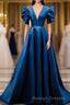 Blue V Neck Satin Short Sleeves Prom Dresses Long Blue Satin Prom Dresses