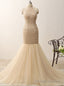 High Neck Mermaid Prom Gown Pageant Pearls Prom Dresses Open Back