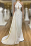 High Neck Satin Ivory Keyhole Ruched Prom Dress