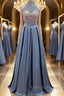 High Neck Two Pieces Blue Lace Long Prom Dresses 2 Pieces Blue Lace Prom Dresses Blue Prom Dresses