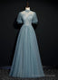 High Quality Beaded Short Sleeves Formal Dress, Tulle A Line Prom Dress