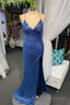 High Slit Blue Sequins Straps Mermaid Prom Gown Ball Gowns Prom Dress