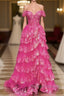 Hot Pink Lace Off Shoulder Tiered Prom Dress With Slit