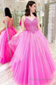 Hot Pink Lace-Up A Line Prom Dress with Ruffles