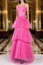 Hot Pink Long Tulle Prom Dresses, Hot Pink Long Tulle Formal Evening Dresses