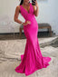 Hot Pink Mermaid Deep V-Neck Beaded Satin Long Prom Dress