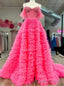Hot Pink Tulle Tiers Beading Prom Dress