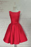 Hot-Selling Bateau Satin Knee-Length Red Homecoming Dress With Bowknot