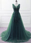 Hunter Green Tulle V Neckline Long Prom Dress, Dark Green A Line Prom Dress