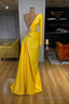 Illusion neck Bright Yellow One shoulder Bubble Sleeves Prom Dress