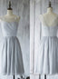 Illusion Short Bridesmaid Dress Light Gray Bridesmaid Gowns with Lace Appliques