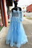 Blue Floral Lace Sweetheart A Line Prom Gowns with Sleeves