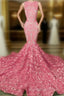 Iridescent Sequins Pink Rosette Mermaid Prom Dress