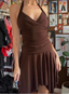 Irregular Halter Neck V-Neck Brown Waisted Birthday Short Skirt Homecoming Dress