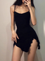 Irregular Slit Black Sling Waist Hip Birthday Short Skirt Homecoming Dress