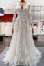 Ivory A Line Tulle Long Sleeves Lace Appliques Open Back Wedding Dress