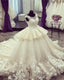 Ivory Lace Flowers Beaded Scoop Neckline Ball Gown Wedding Dress