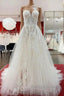 Ivory Tulle Lace Wedding Dress A-Line Sweetheart Bridal Dress With Sweep Train Off Shoulder