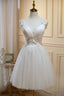 Ivory V Neck Tulle Lace Knee Length Prom Dress, Cute A Line Homecoming Dress