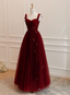 A Line Tulle Long Formal Dress Wine Red Prom Dress